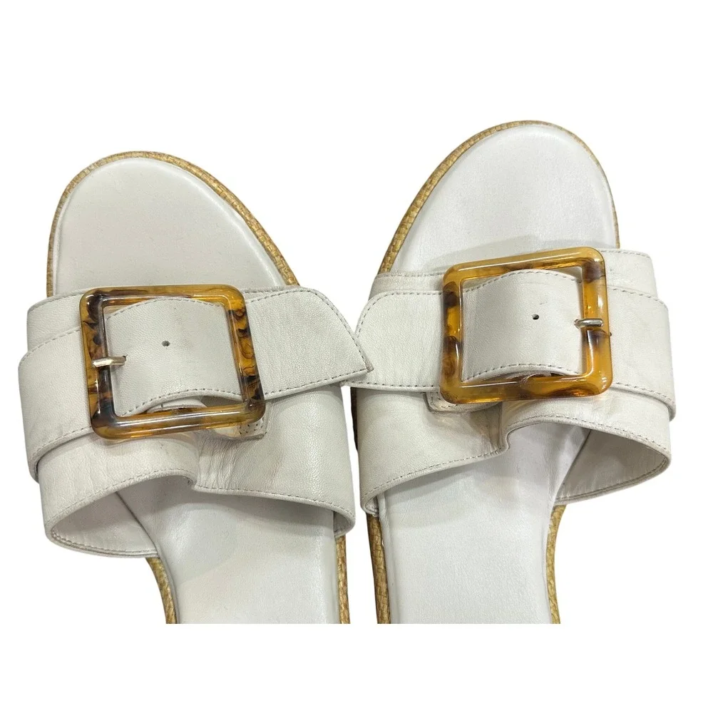 Nordstrom Courtney-Lea White Leather Raffia Platform Buckle Slide Sandals 10M